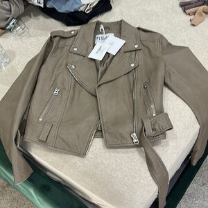 Pistola Tan Leather Moto Jacket Asymmetrical Design